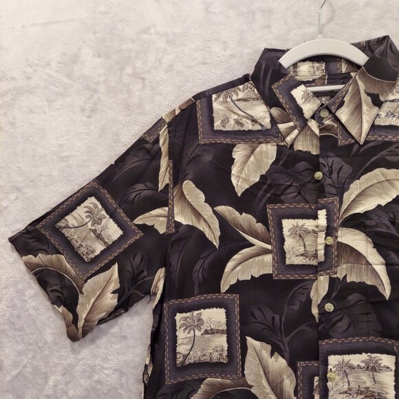 Croft & Barrow Mens M Black Grey Palm Hawaiian Button Up Short Sleeve Casual vac - Picture 9 of 11